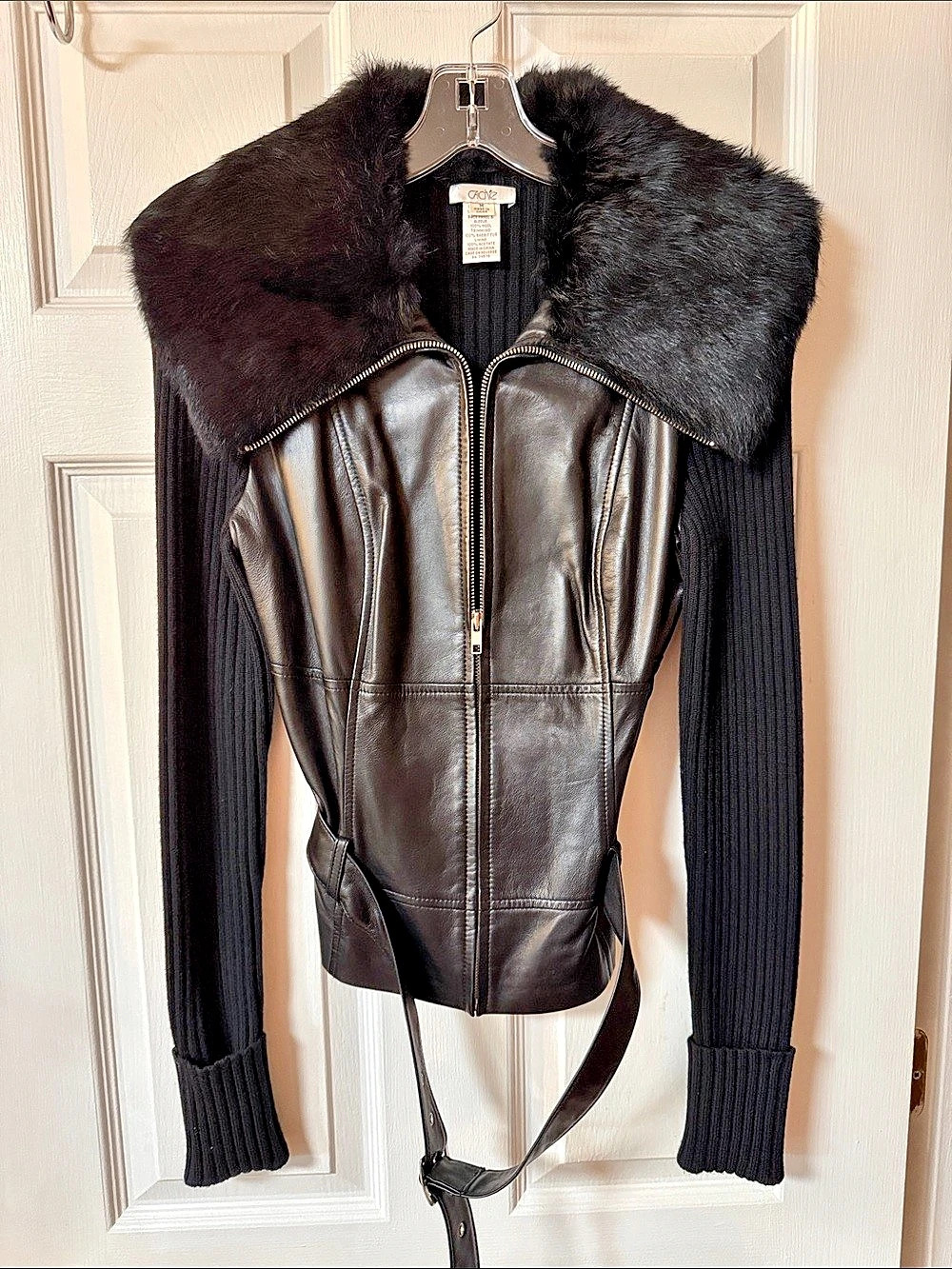 Cache Women's Black Faux Fur Collar Leather Jacket